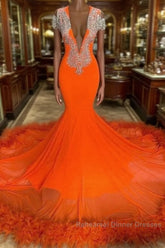 Gorgeous Orange Long Mermaid Tassel V-neck Semi Formal Dresses with Sleeves